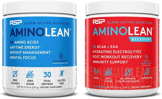 AminoLean Pre Workout Energy & Recovery Post Workout Boost Bundle - Blue Raspberry & Tropical Island Punch - 30 Servings each