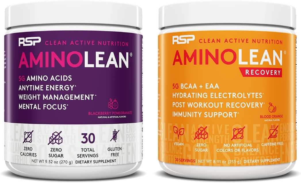 AminoLean Pre Workout Energy & Recovery Post Workout Boost Bundle (BlackBerry Pomegranate & Blood Orange Flavors, 30 Servings Each)