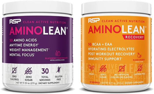 AminoLean Pre Workout Energy & Recovery Post Workout Boost Bundle (BlackBerry Pomegranate & Blood Orange Flavors, 30 Servings Each)