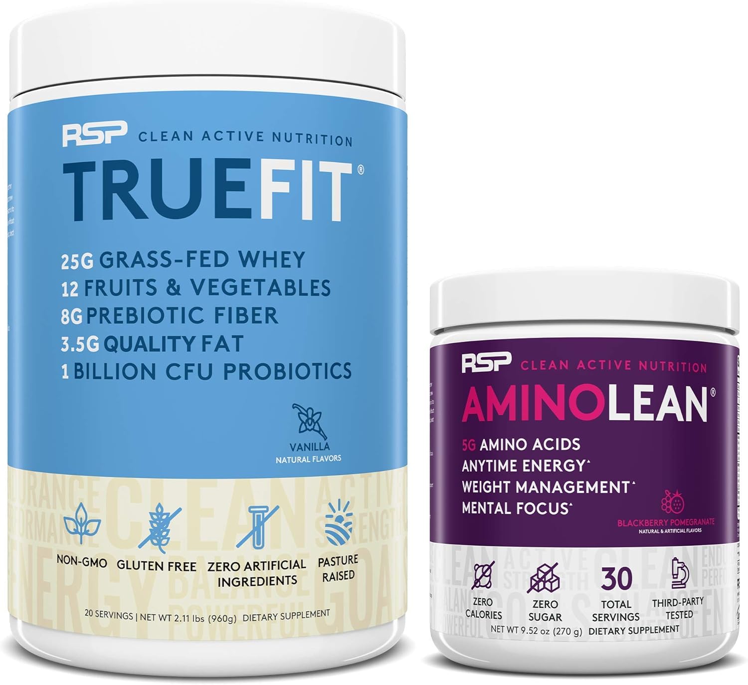 AminoLean Pre Workout Energy & TrueFit Protein Powder Bundle - Berry Pomegranate & Vanilla Flavor (30 Servings & 2 LB)