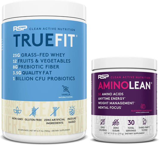 AminoLean Pre Workout Energy & TrueFit Protein Powder Bundle - Berry Pomegranate & Vanilla Flavor (30 Servings & 2 LB)