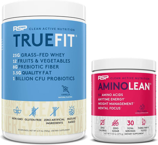 AminoLean Pre Workout Energy with TrueFit Protein Powder Bundle - Fruit Punch & Vanilla Flavor