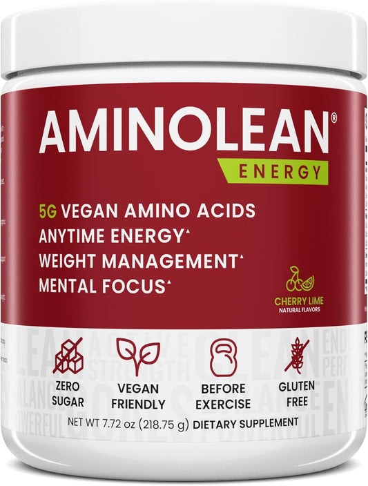 AminoLean Pre Workout Powder with Natural Caffeine and Vegan BCAA Amino Acids - Cherry Lime Flavor, 25 Servings