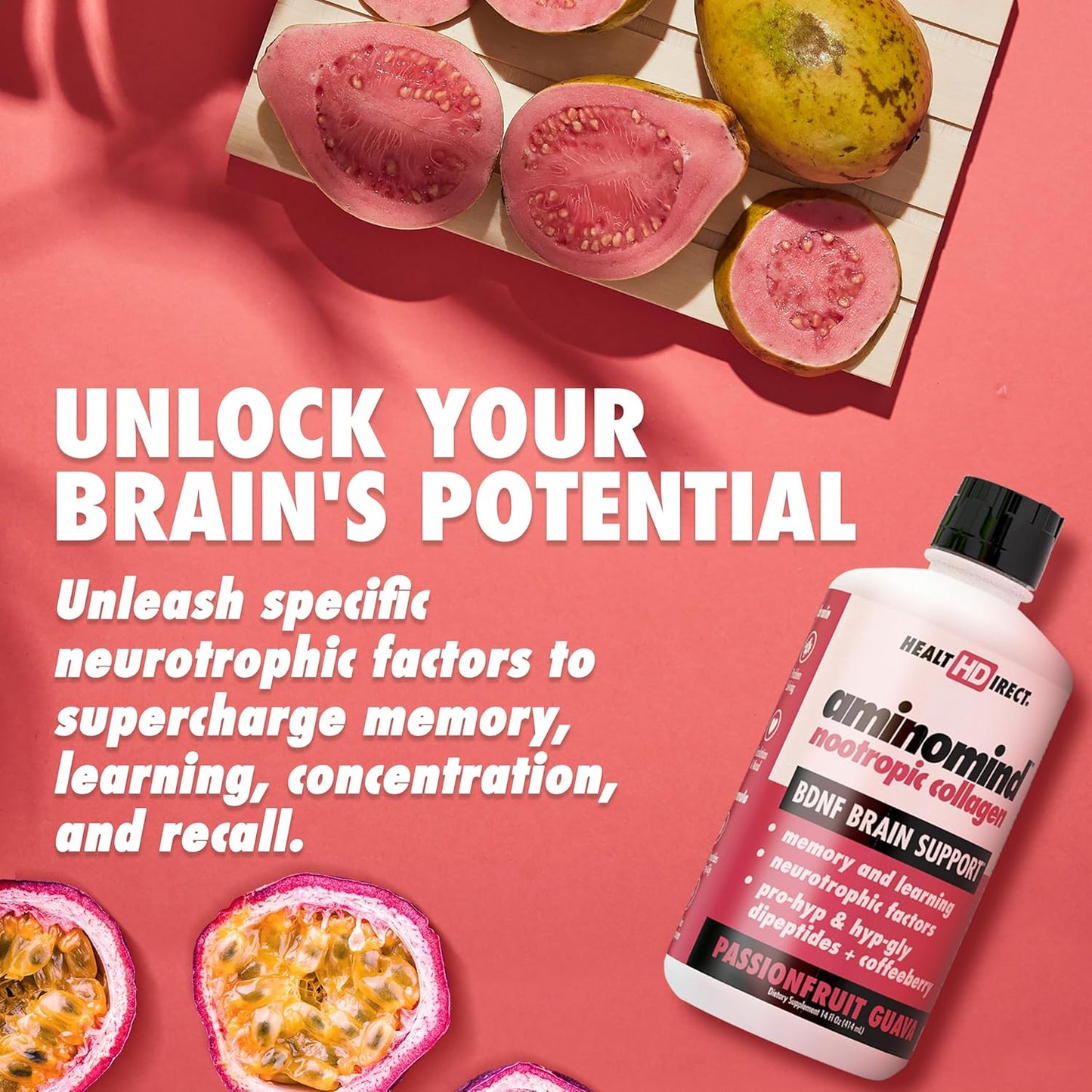 AminoMind Nootropic Collagen Supplement for Brain Health - Pro-Hyp & Hyp-Gly Dipeptides - Antioxidants - Passionfruit Guava - 14 Fl Oz