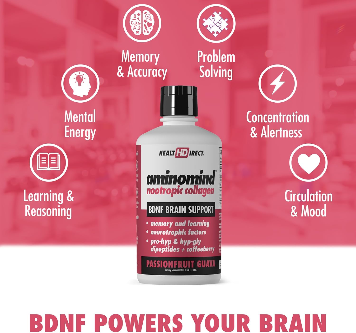 AminoMind Nootropic Collagen Supplement for Brain Health - Pro-Hyp & Hyp-Gly Dipeptides - Antioxidants - Passionfruit Guava - 14 Fl Oz