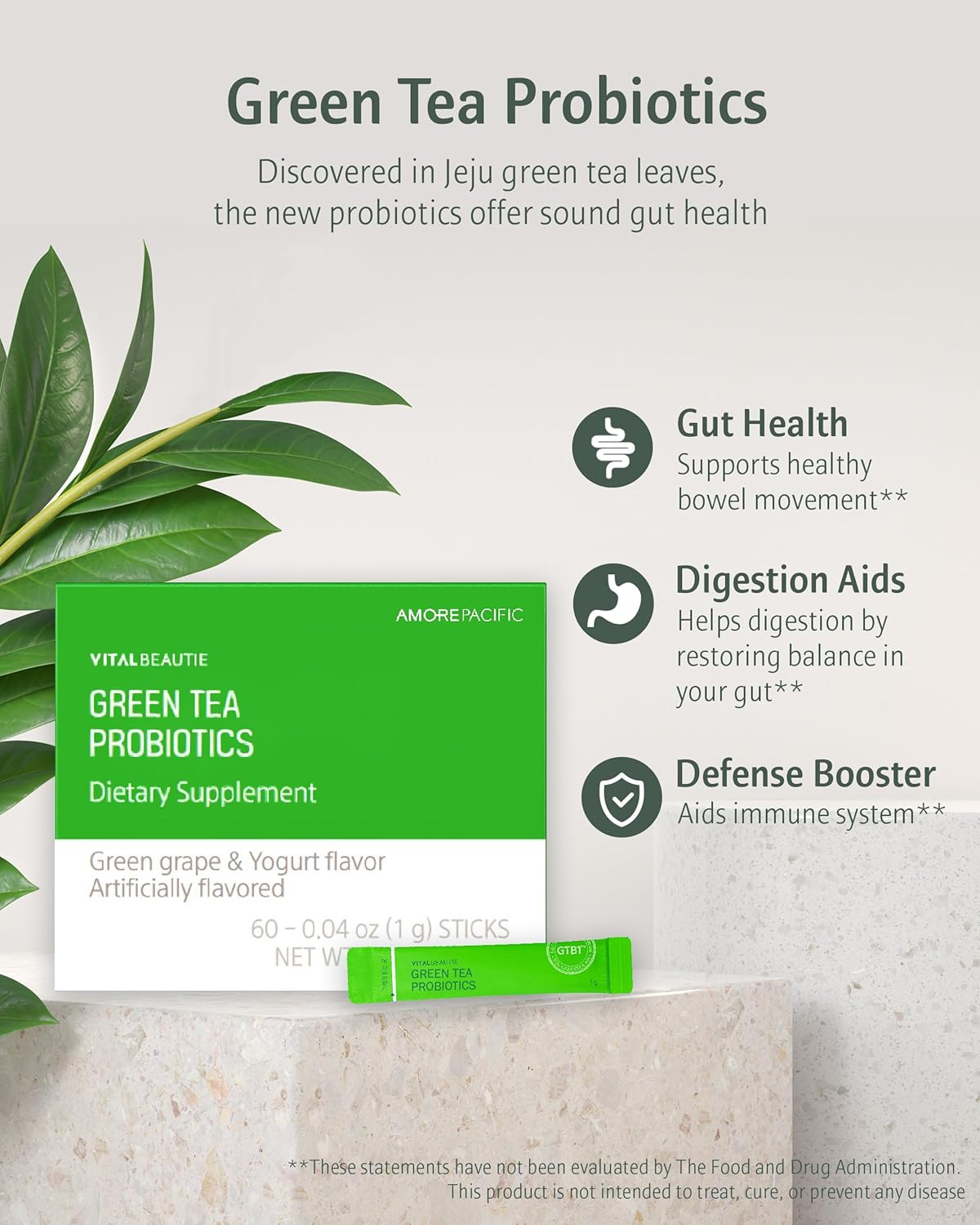 AMOREPACIFIC VITALBEAUTIE Green Tea Probiotics with Vitamin D & Zinc for Gut Health - 60 Sticks