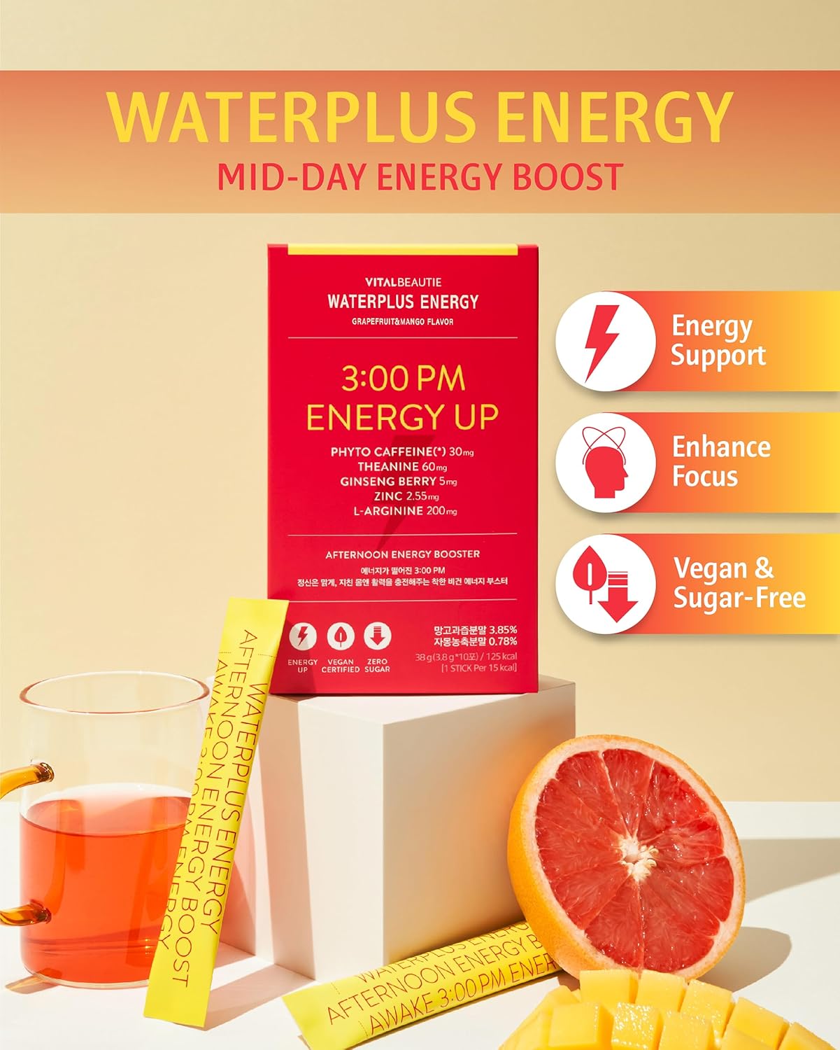 AMOREPACIFIC VITALBEAUTIE Waterplus Energy Electrolyte Drink Mix with Guarana, BCAA, L-Theanine, and Zinc - 10 Sticks (Grapefruit & Mango)