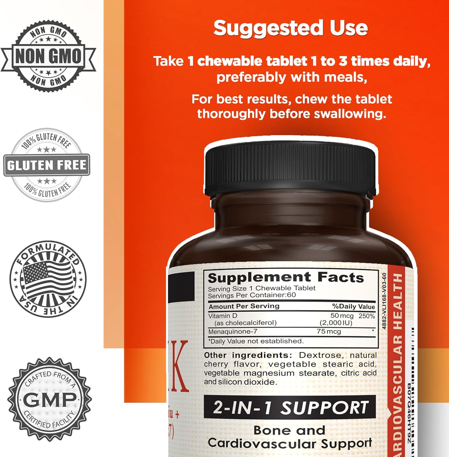 AMVILAB Bonex K Chewable Tablets for Heart, Bones & Teeth Health | 2000IU D3 & 75mcg K2 | Non-GMO | 60 Day Supply | Easy to Swallow