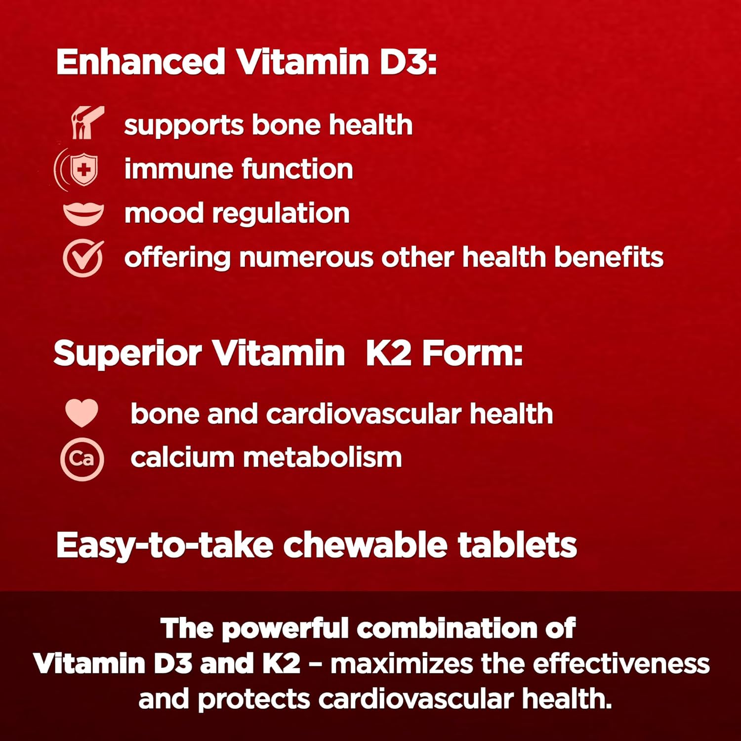 AMVILAB Bonex K Chewable Tablets for Heart, Bones & Teeth Health | 2000IU D3 & 75mcg K2 | Non-GMO | 60 Day Supply | Easy to Swallow