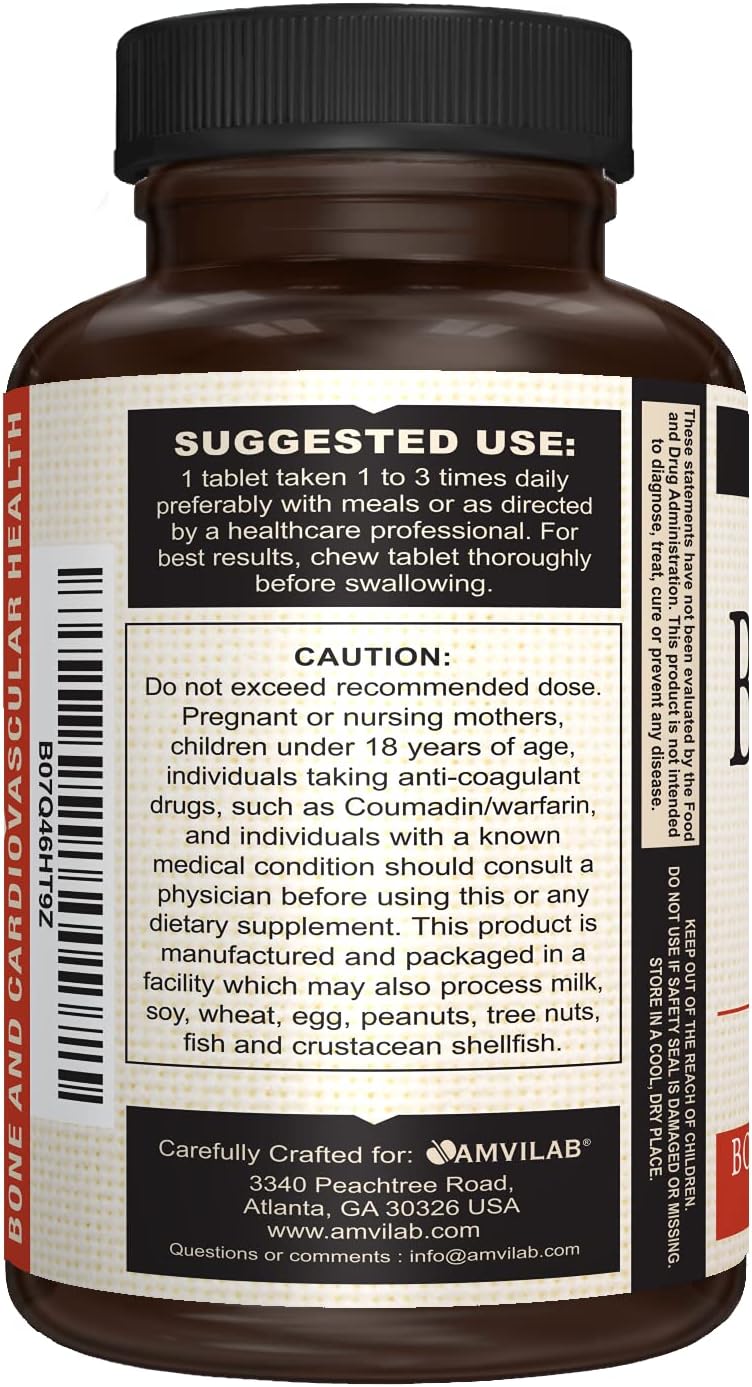 AMVILAB Bonex K Chewable Tablets for Heart, Bones & Teeth Health | 2000IU D3 & 75mcg K2 | Non-GMO | 60 Day Supply | Easy to Swallow