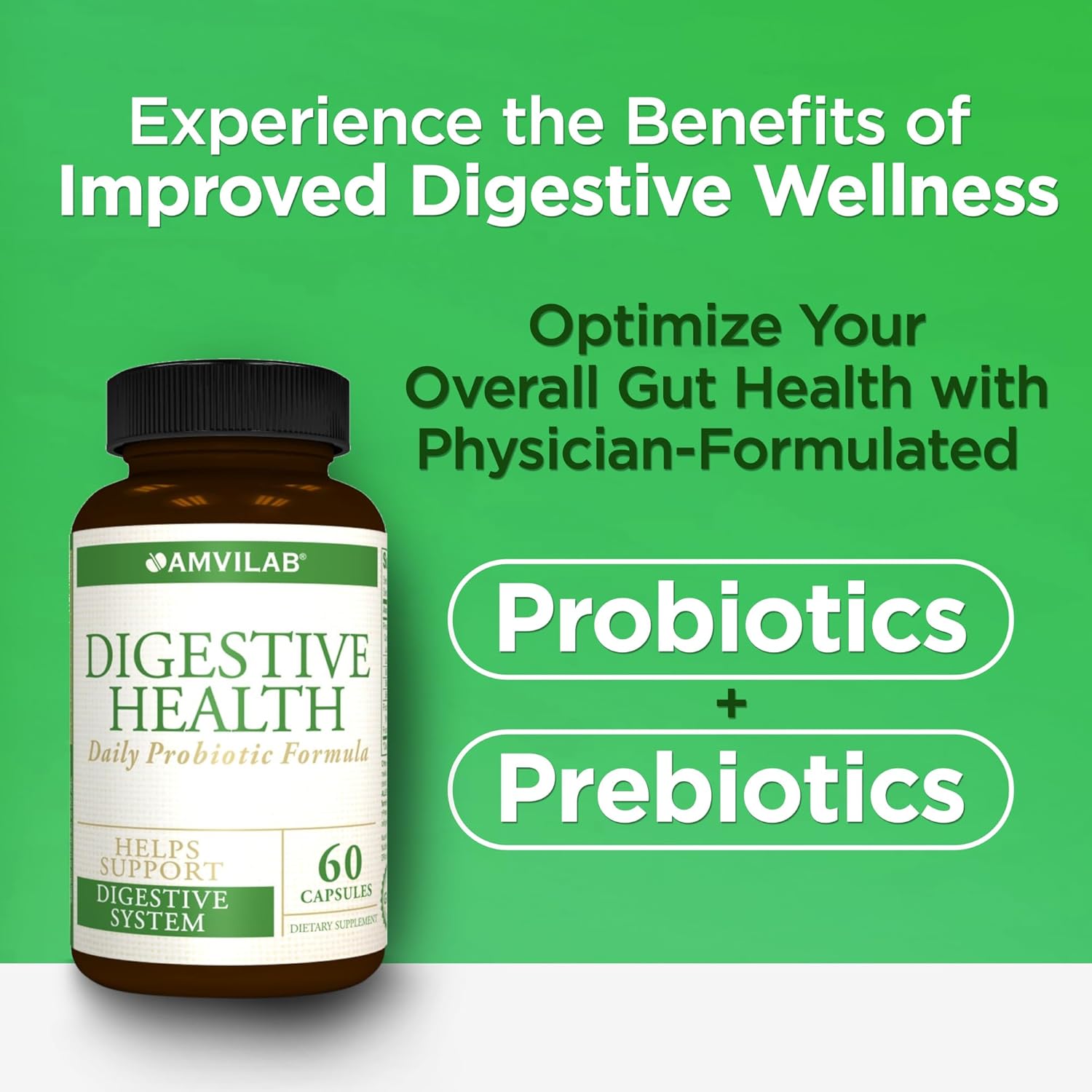 AMVILAB Daily Probiotic Supplement: 7 Billion CFUs, 5 Essential Strains, Supports Digestive and Immune Health - 60 Capsules