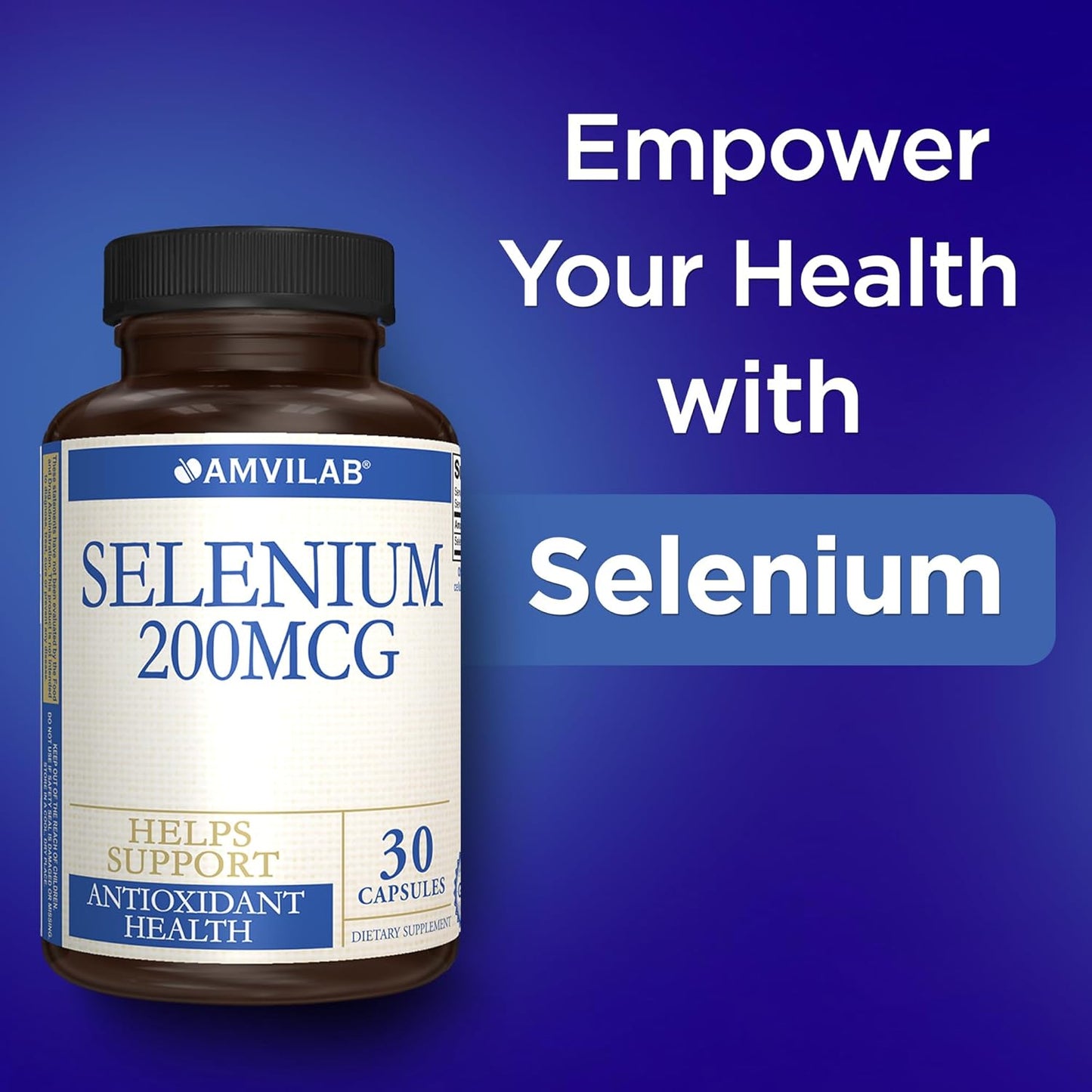 AMVILAB Selenium 200mcg Capsules - Promotes Healthy Immune System, Thyroid Function, and Antioxidant Support - Vegan & Non-GMO - 30ct