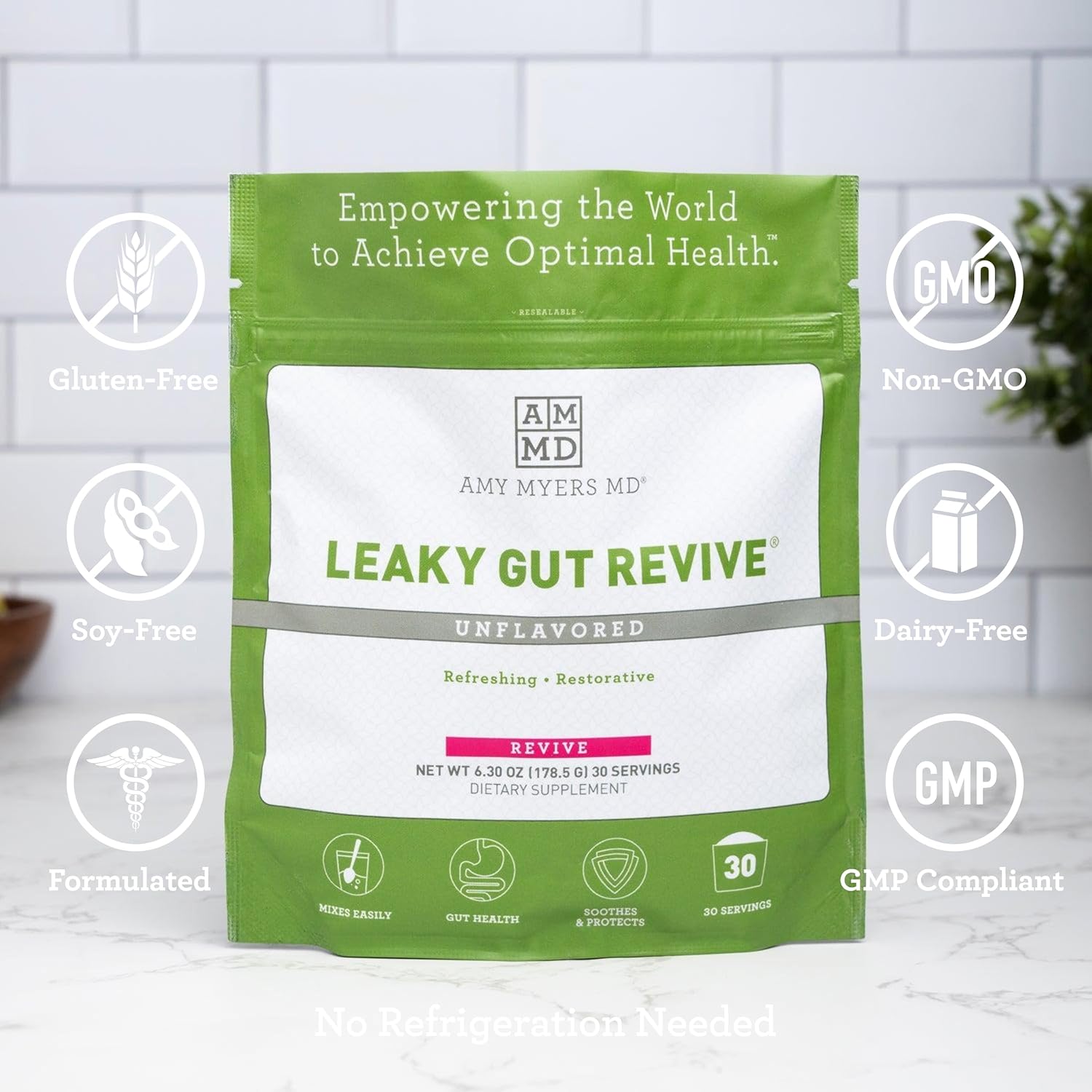 Amy Myers MD Leaky Gut Revive Powder with L Glutamine and Slippery Elm - Supports Gut Repair and Digestive Health - 6.30 Oz Unflavoured Formula for Constipation, Diarrhea, Bloating, Heartburn, and SIBO