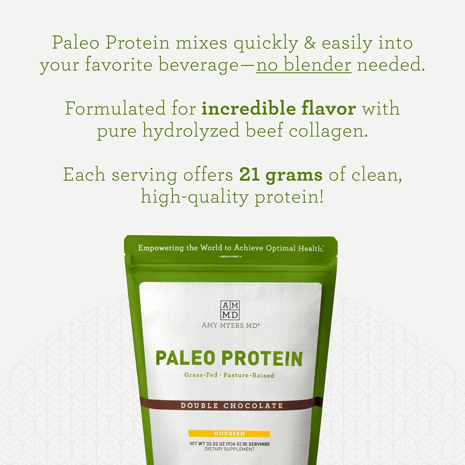 Amy Myers MD Pure Paleo Double Chocolate Protein Powder - Grass Fed, Pasture Raised, Hormone-Free, Non-GMO, Gluten & Dairy-Free - Ideal for Keto & Paleo - 33.02 oz