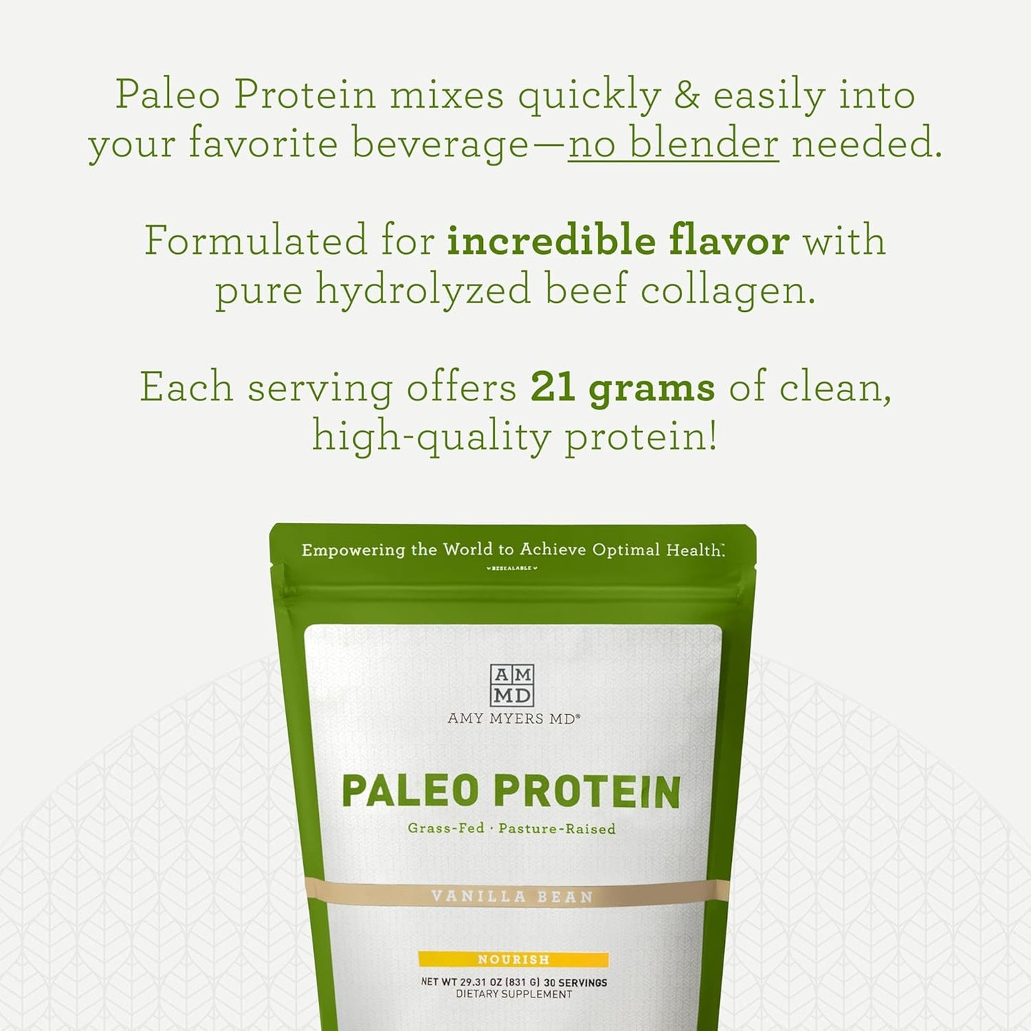 Amy Myers MD Vanilla Bean Pure Paleo Protein Powder - Grass Fed, Pasture Raised, Hormone Free - Keto & Paleo Friendly - 29.31 oz