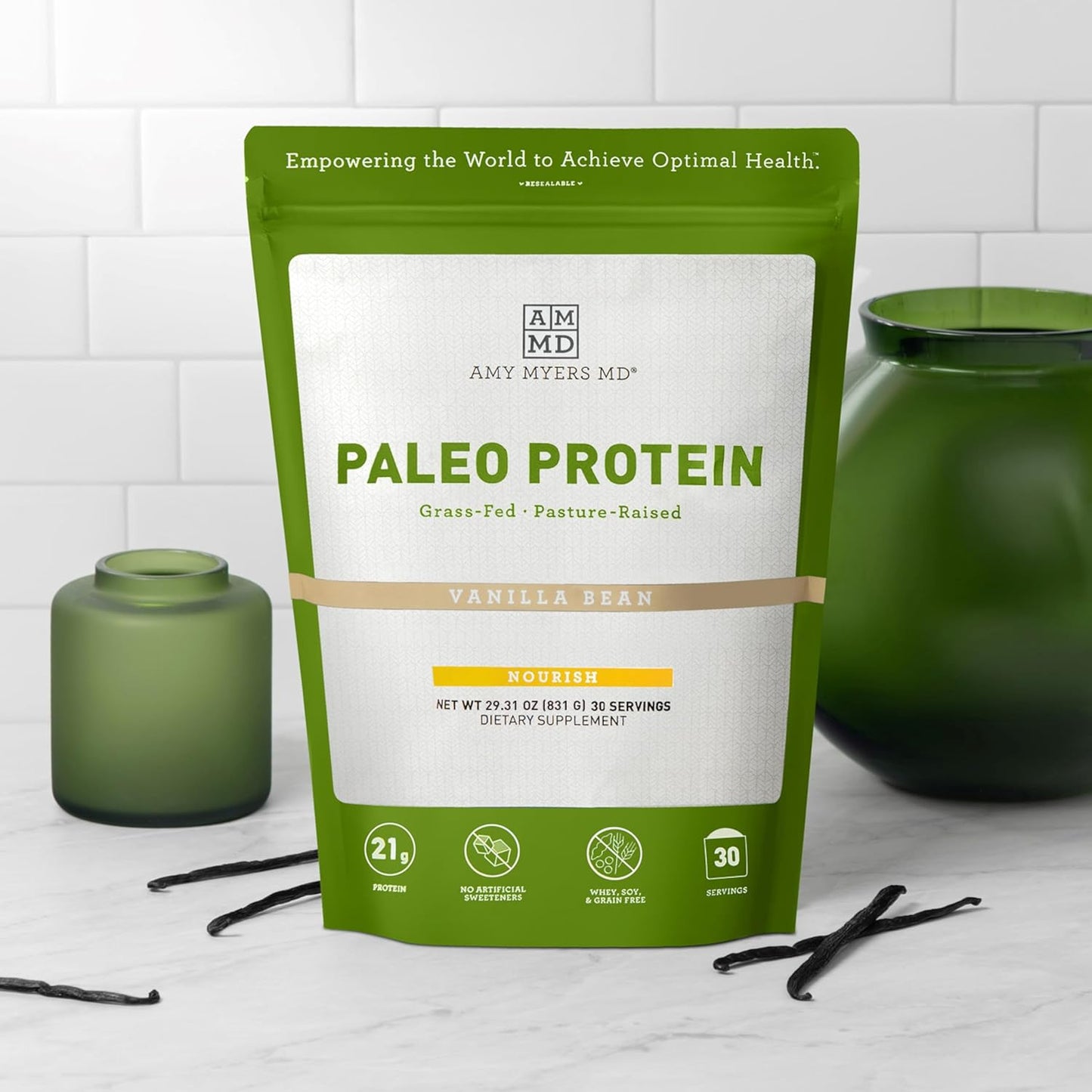 Amy Myers MD Vanilla Bean Pure Paleo Protein Powder - Grass Fed, Pasture Raised, Hormone Free - Keto & Paleo Friendly - 29.31 oz