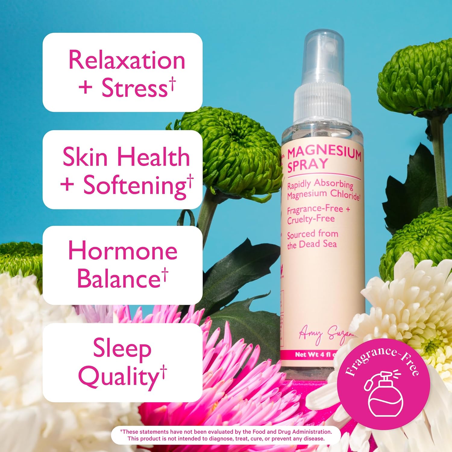 Amy Suzanne Dead Sea Magnesium Spray - Oil-Free, Fragrance-Free Fast-Absorbing Vegan Mist for Feet & Legs - 4 oz