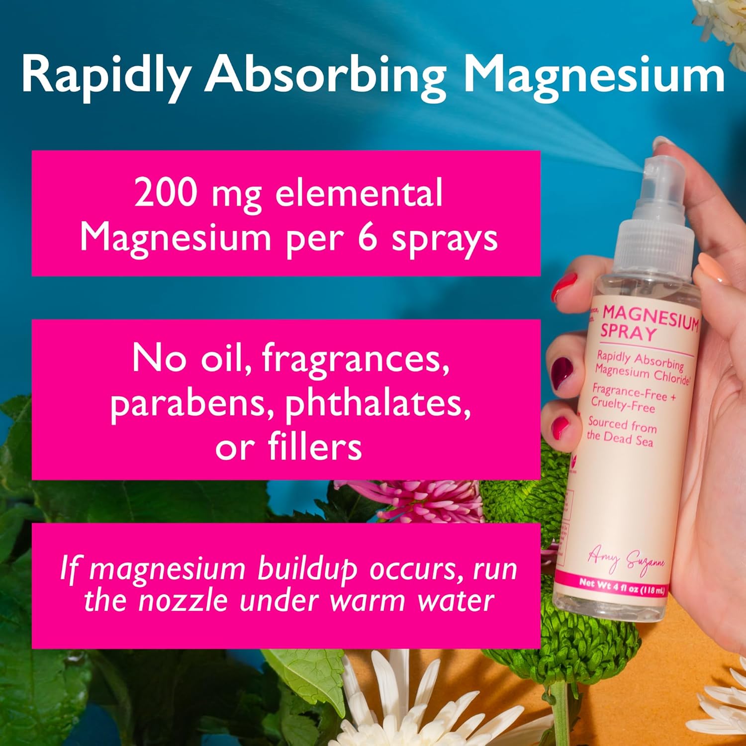 Amy Suzanne Dead Sea Magnesium Spray - Oil-Free, Fragrance-Free Fast-Absorbing Vegan Mist for Feet & Legs - 4 oz