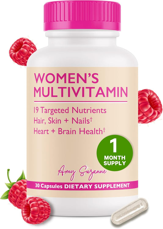 Amy Suzanne Women's Multivitamin - 19 Essential Nutrients for Hair, Skin, Nails, Focus, & Heart - Vegan Capsules, 30 Day Supply