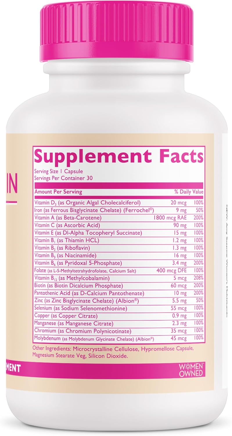 Amy Suzanne Women's Multivitamin - 19 Essential Nutrients for Hair, Skin, Nails, Focus, & Heart - Vegan Capsules, 30 Day Supply