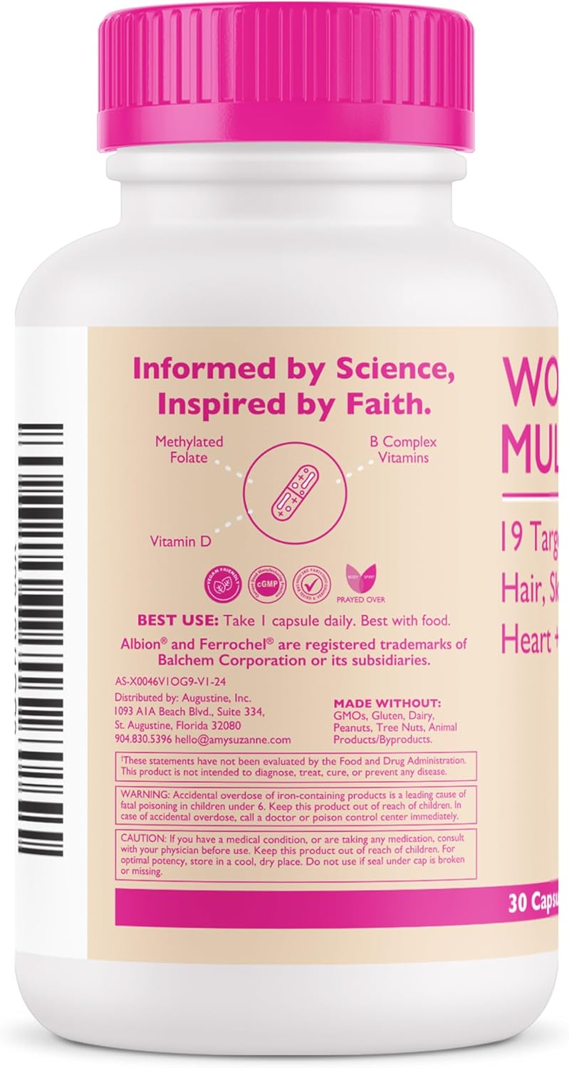 Amy Suzanne Women's Multivitamin - 19 Essential Nutrients for Hair, Skin, Nails, Focus, & Heart - Vegan Capsules, 30 Day Supply