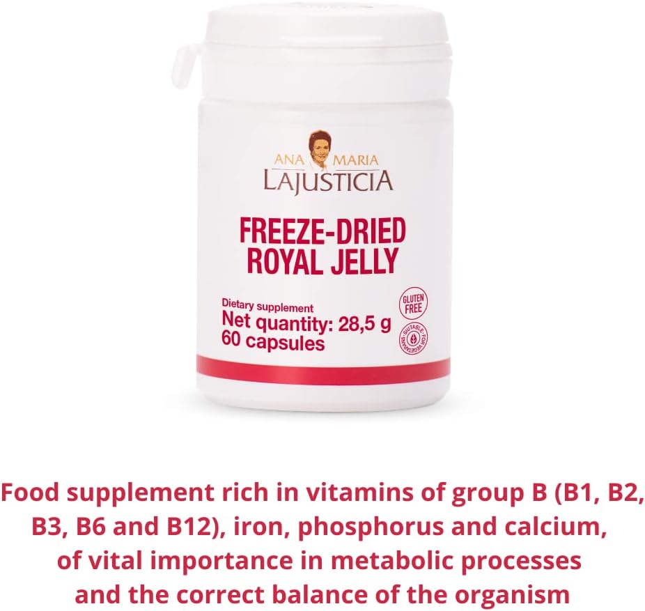 Ana Maria Lajusticia Freeze-Dried Royal Jelly - 60 Day Pack - Vitamin B, Iron, Phosphorus, Calcium - Dairy, Gluten Free - Vegetarian