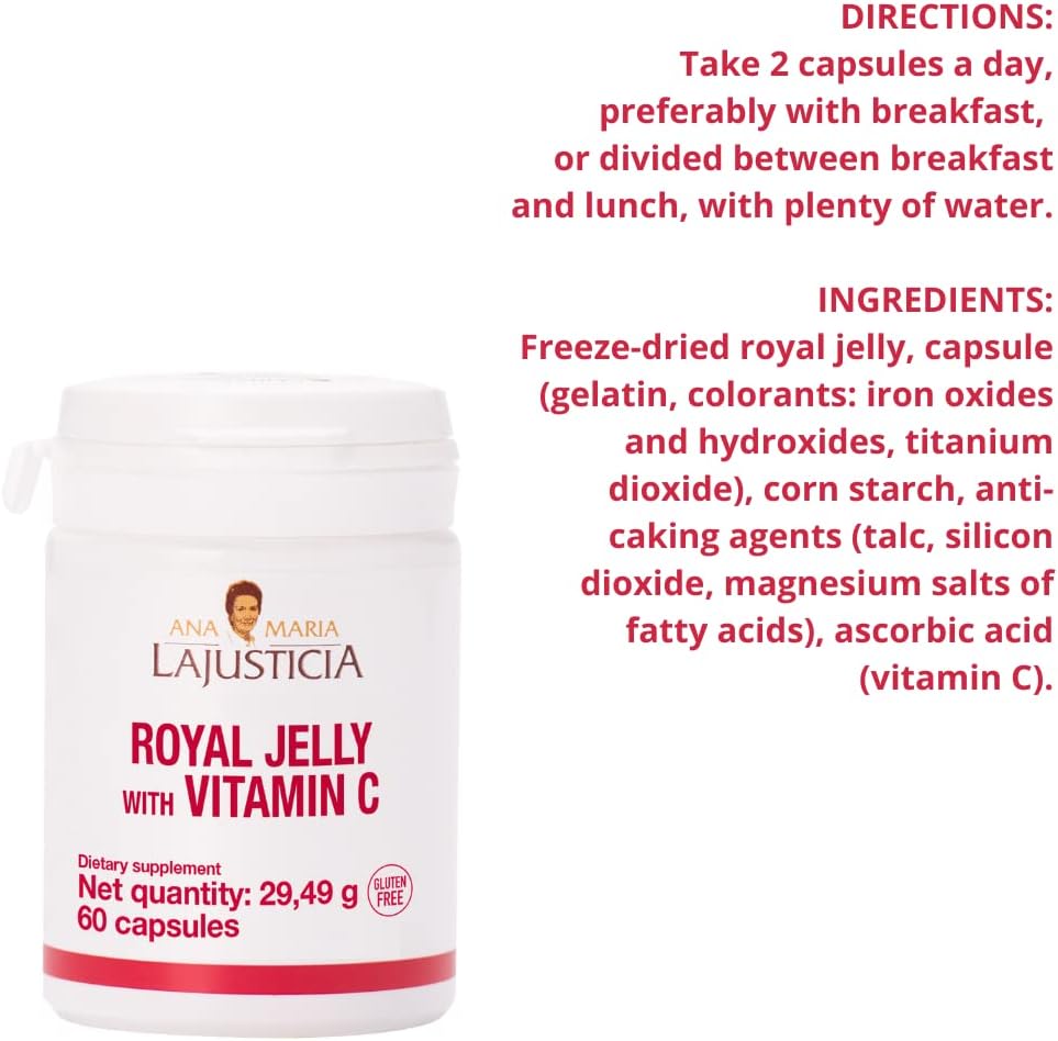 Ana Maria Lajusticia Royal Jelly with Vitamin C Capsules - 60 Count, Dairy and Gluten Free, Vegetarian Friendly for Vascular Health