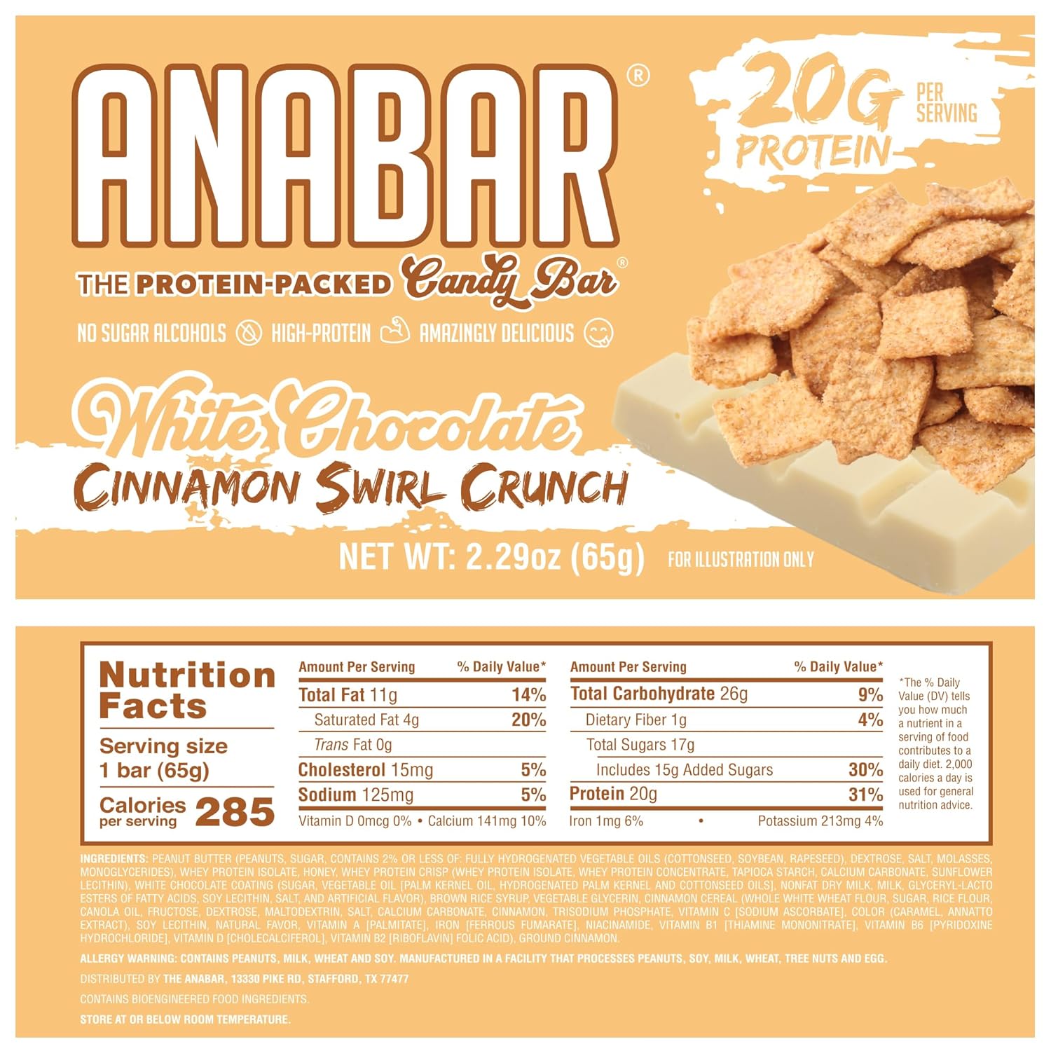Anabar Protein Bar - High Protein, No Sugar Alcohols, White Chocolate Cinnamon Swirl Crunch (12 Bars)