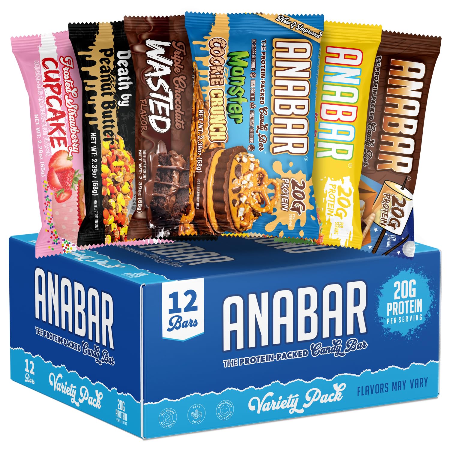 Anabar Protein Bar Variety Pack - World's Best Tasting Protein Bar with 20g Protein, No Sugar Alcohols, Real Ingredients, Delicious Candy Bar Alternative