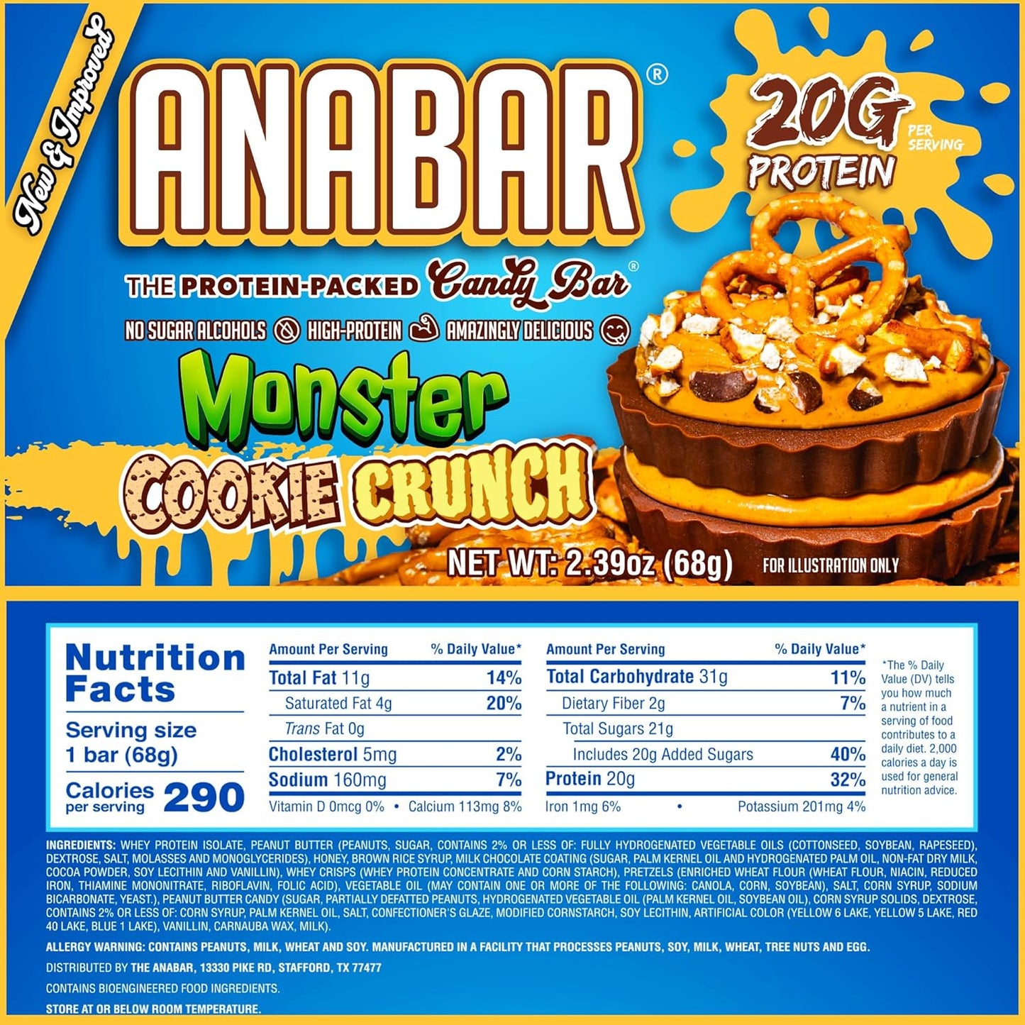 Anabar Protein Bars - High Protein, Delicious Candy Bar Alternative (12 Bars, Milk Chocolate Monster Cookie Crunch)