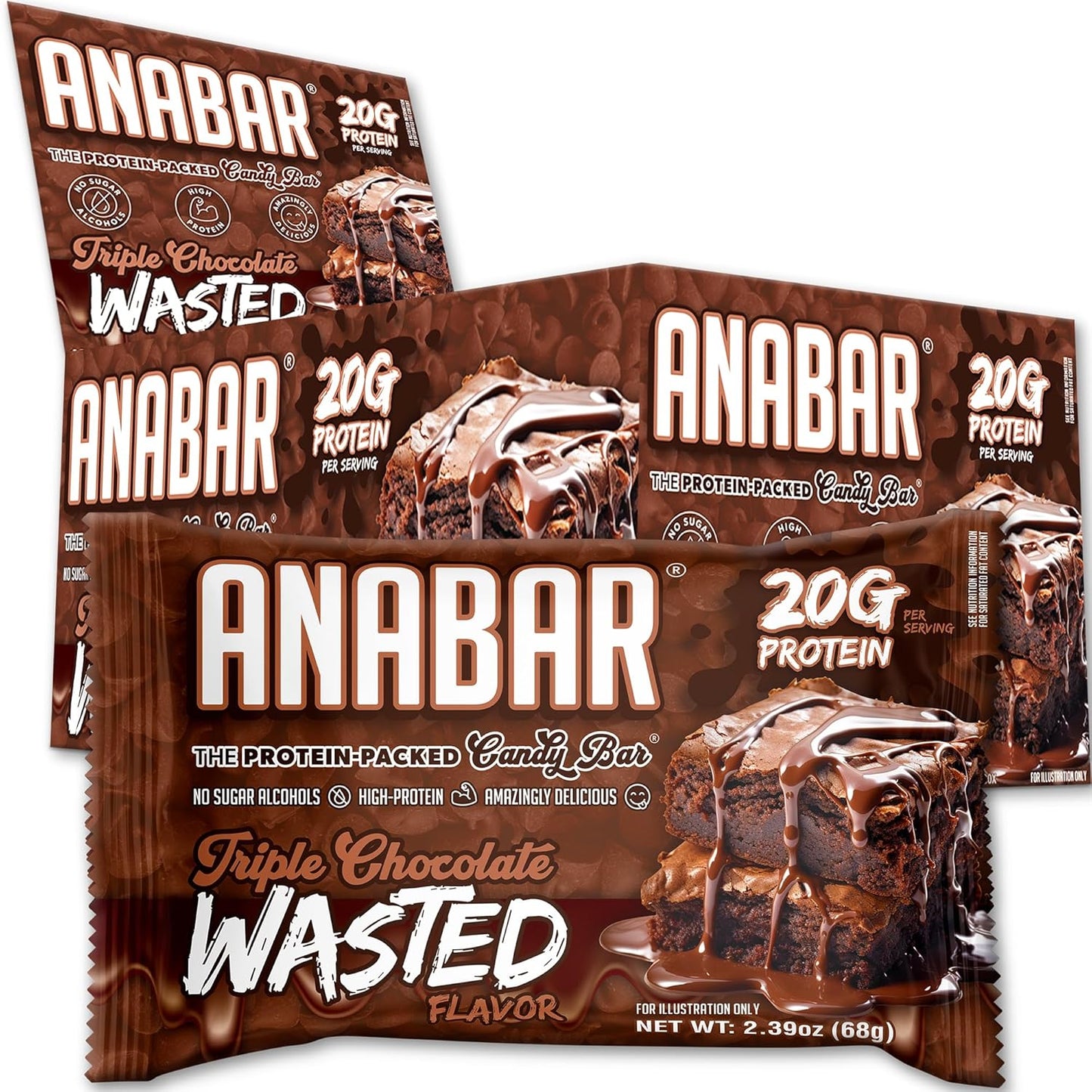Anabar Triple Chocolate Wasted Protein Bar - 20g Protein, No Sugar Alcohols, Delicious Candy Bar Alternative (12 Bars)
