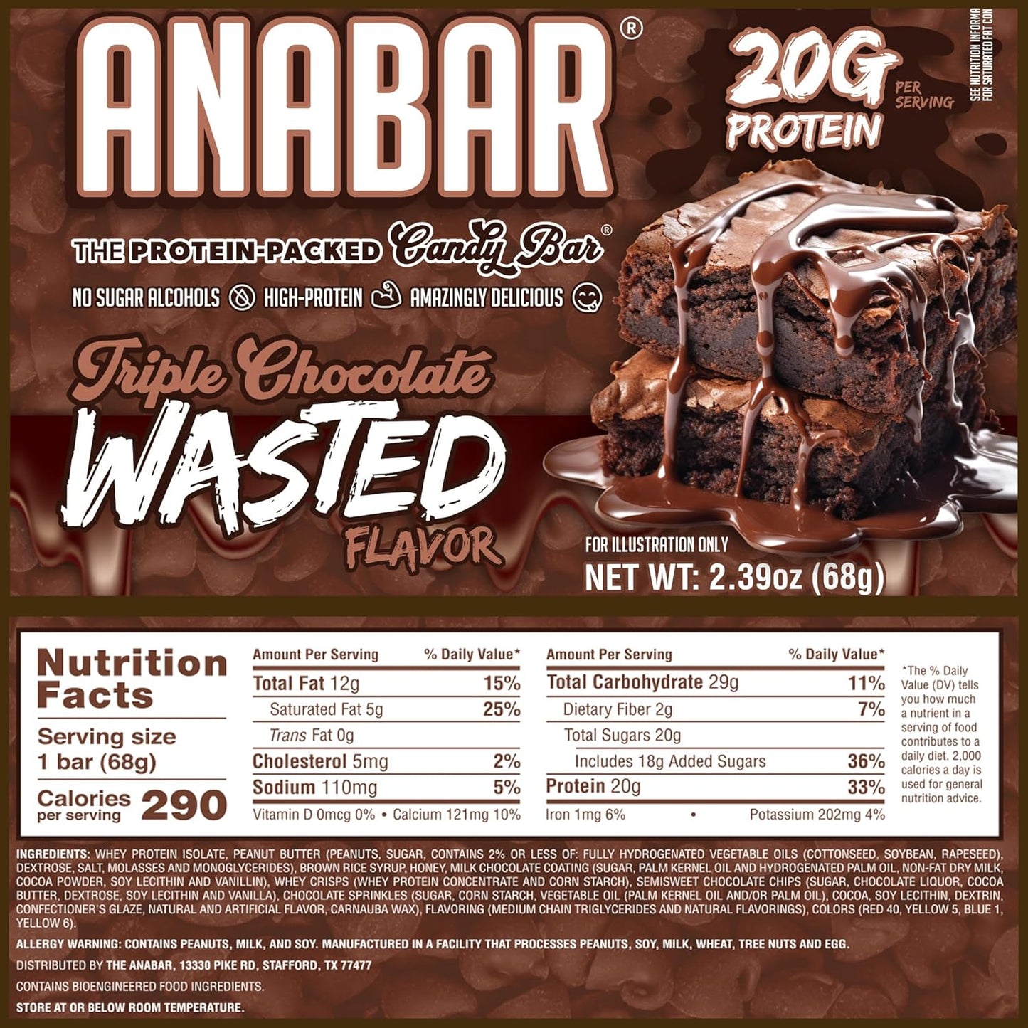 Anabar Triple Chocolate Wasted Protein Bar - 20g Protein, No Sugar Alcohols, Delicious Candy Bar Alternative (12 Bars)