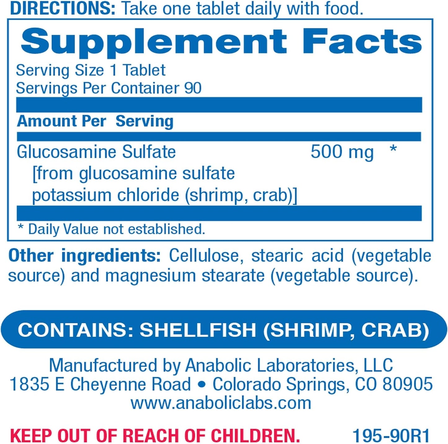 Anabolic Laboratories Glucosamine Sulfate 500mg - 90 Joint Supplements for Men and Women - Supports Joint Tissue and Cartilage Health