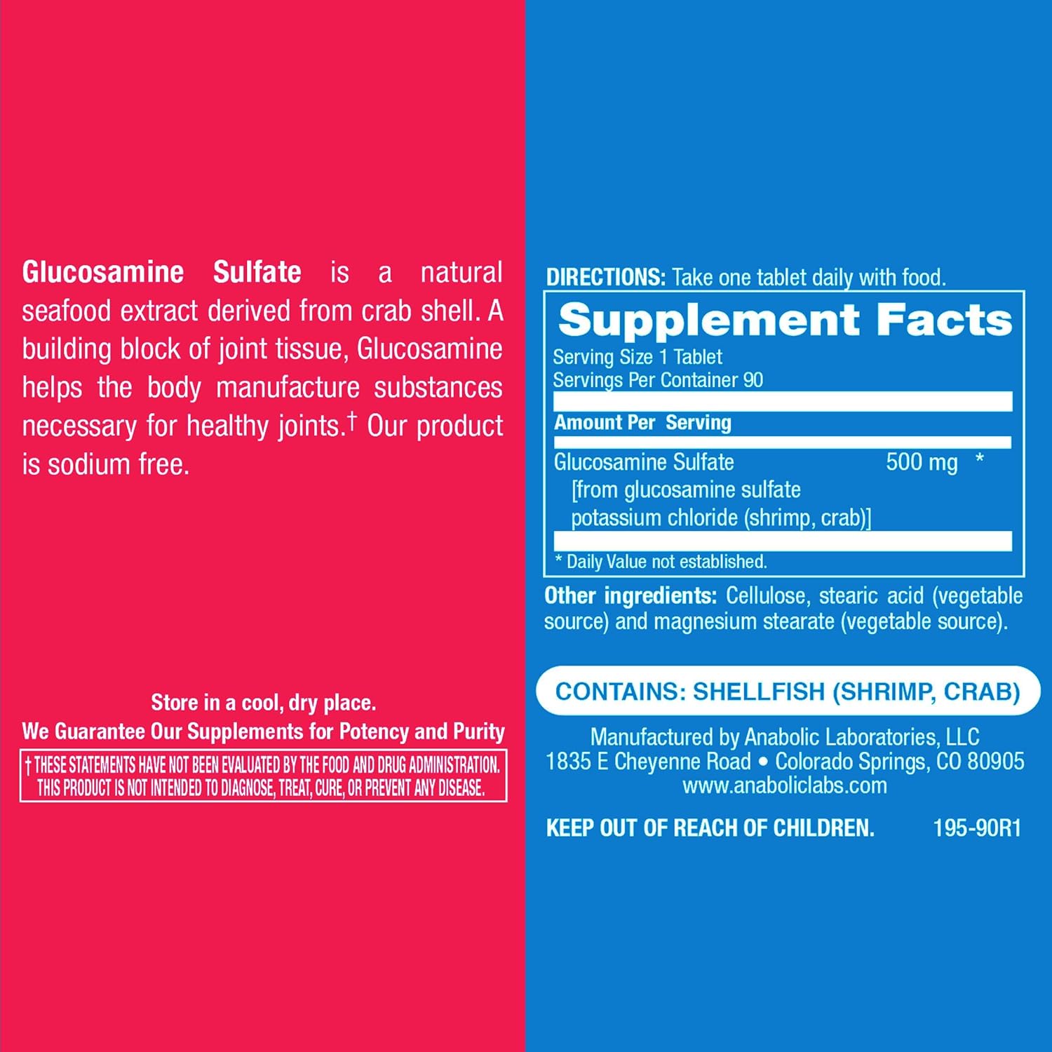 Anabolic Laboratories Glucosamine Sulfate 500mg - 90 Joint Supplements for Men and Women - Supports Joint Tissue and Cartilage Health