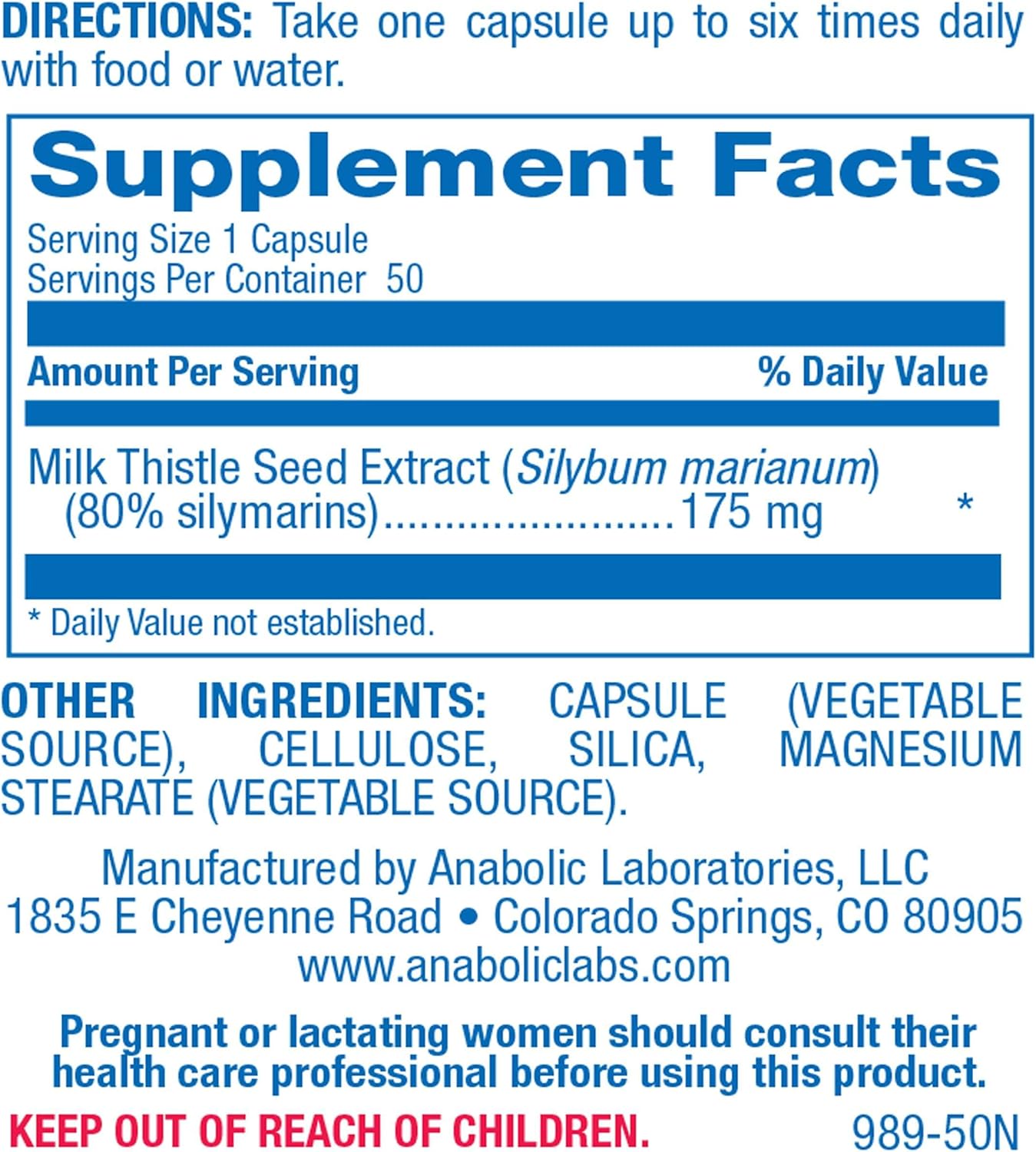 Anabolic Laboratories Milk Thistle Liver Health Supplement - 50 Vegetarian Capsules with Silymarin Extract