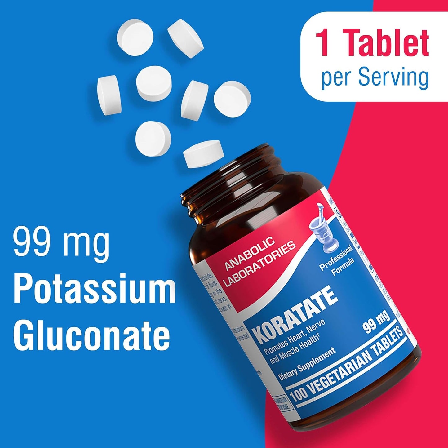 Anabolic Laboratories Potassium Gluconate Supplement 99 mg - 100 Vegetarian Tablets for Heart, Nerve, Muscle Health