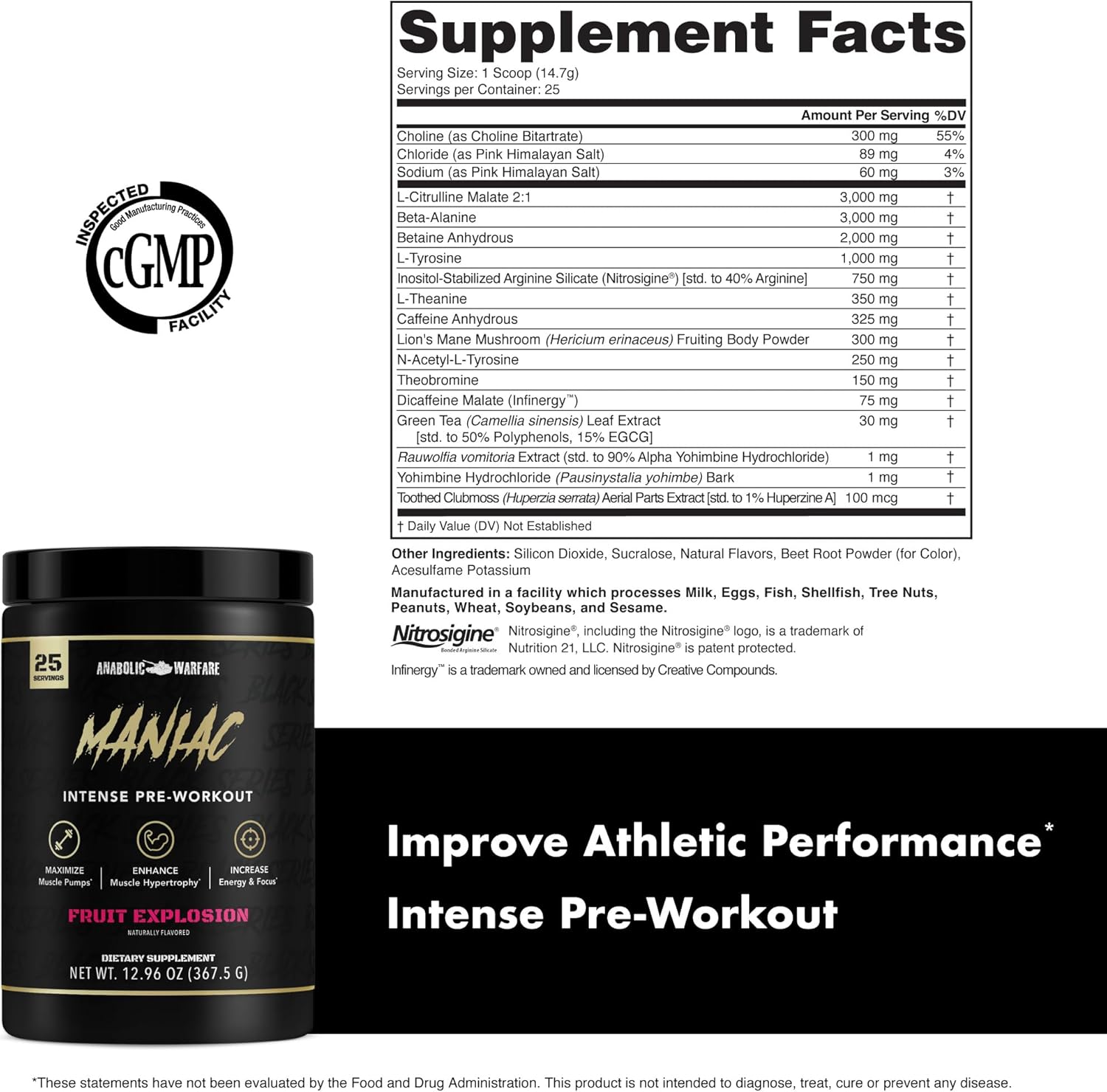 Anabolic Warfare Black Series Maniac Pre-Workout Powder - Fruit Explosion Flavor, Boosts Nitric Oxide & Protein Synthesis for Muscle Pumps