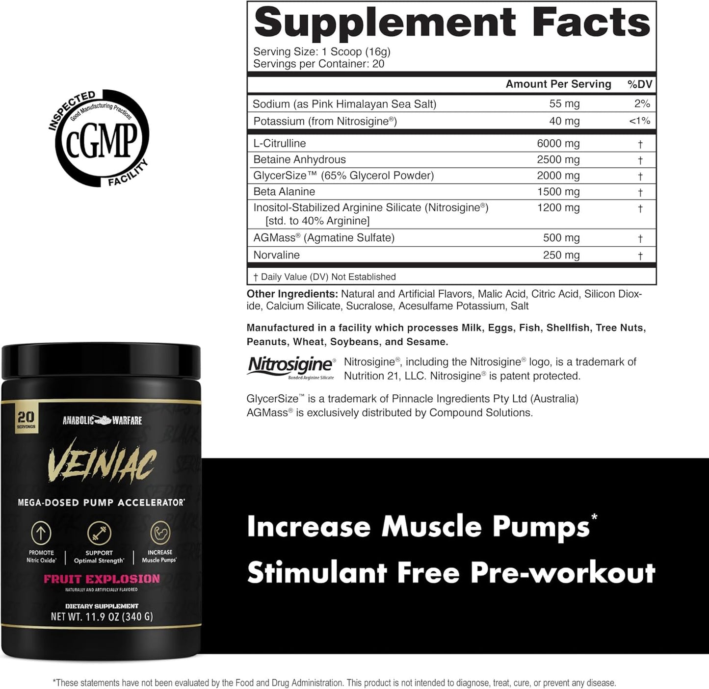 Anabolic Warfare Veiniac Muscle Pump Activator Supplement - Stimulant Free Pre-Workout for Increased Nitric Oxide Production - Fruit Punch Flavor