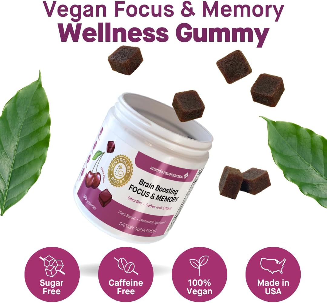 Ananda Professional Focus & Memory Gummies with Citicoline and Coffee Fruit Extract - 30 Count, Sugar Free Brain Health Supplement