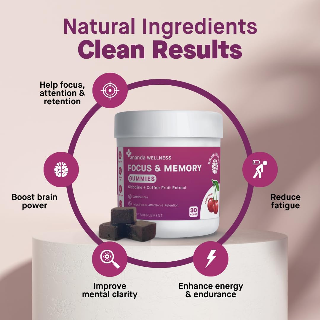 Ananda Professional Focus & Memory Gummies with Citicoline and Coffee Fruit Extract - 30 Count, Sugar Free Brain Health Supplement