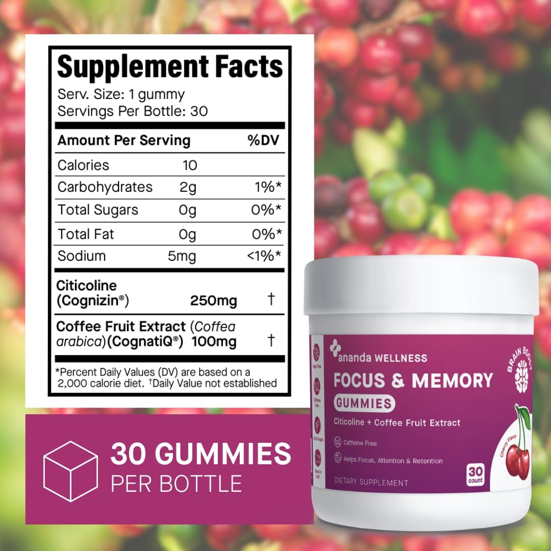 Ananda Professional Focus & Memory Gummies with Citicoline and Coffee Fruit Extract - 30 Count, Sugar Free Brain Health Supplement