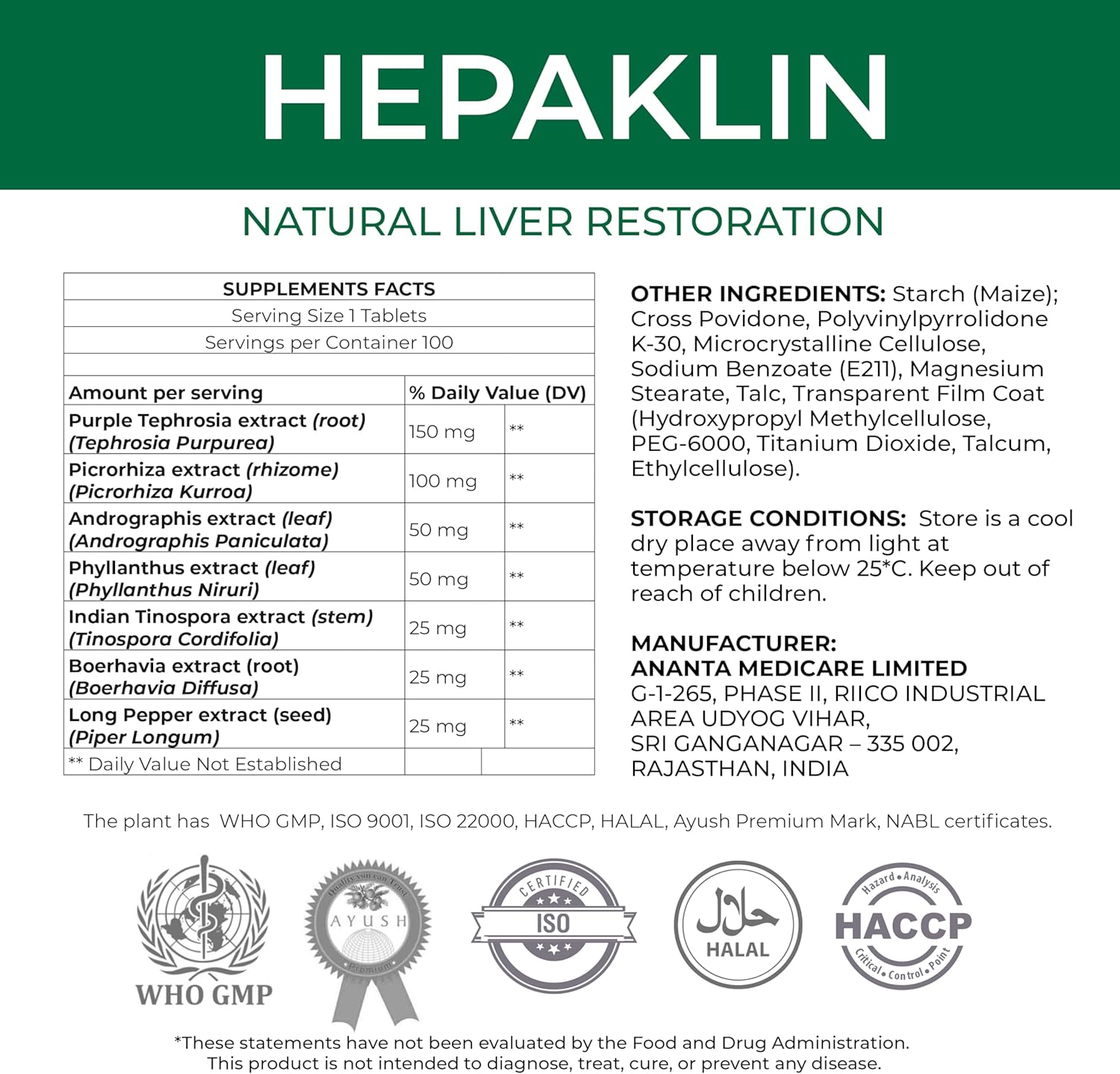 Ananta Medicare USA Hepaklin Liver Support Supplement - Herbal Formula for Liver Restoration, Detox, and Bile Flow - Reduce Fatty Deposits, Protect Against Toxins - 90-Day Supply