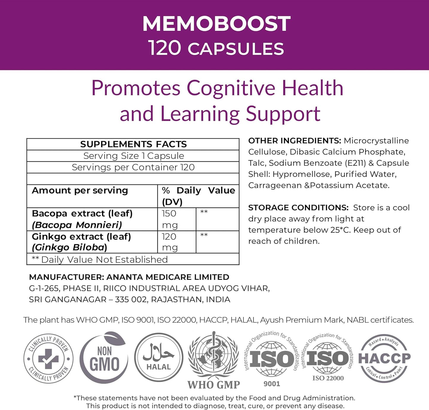Ananta Medicare USA MEMOBOOST Herbal Supplement - 120 Capsules by Ananta Medicare Limited
