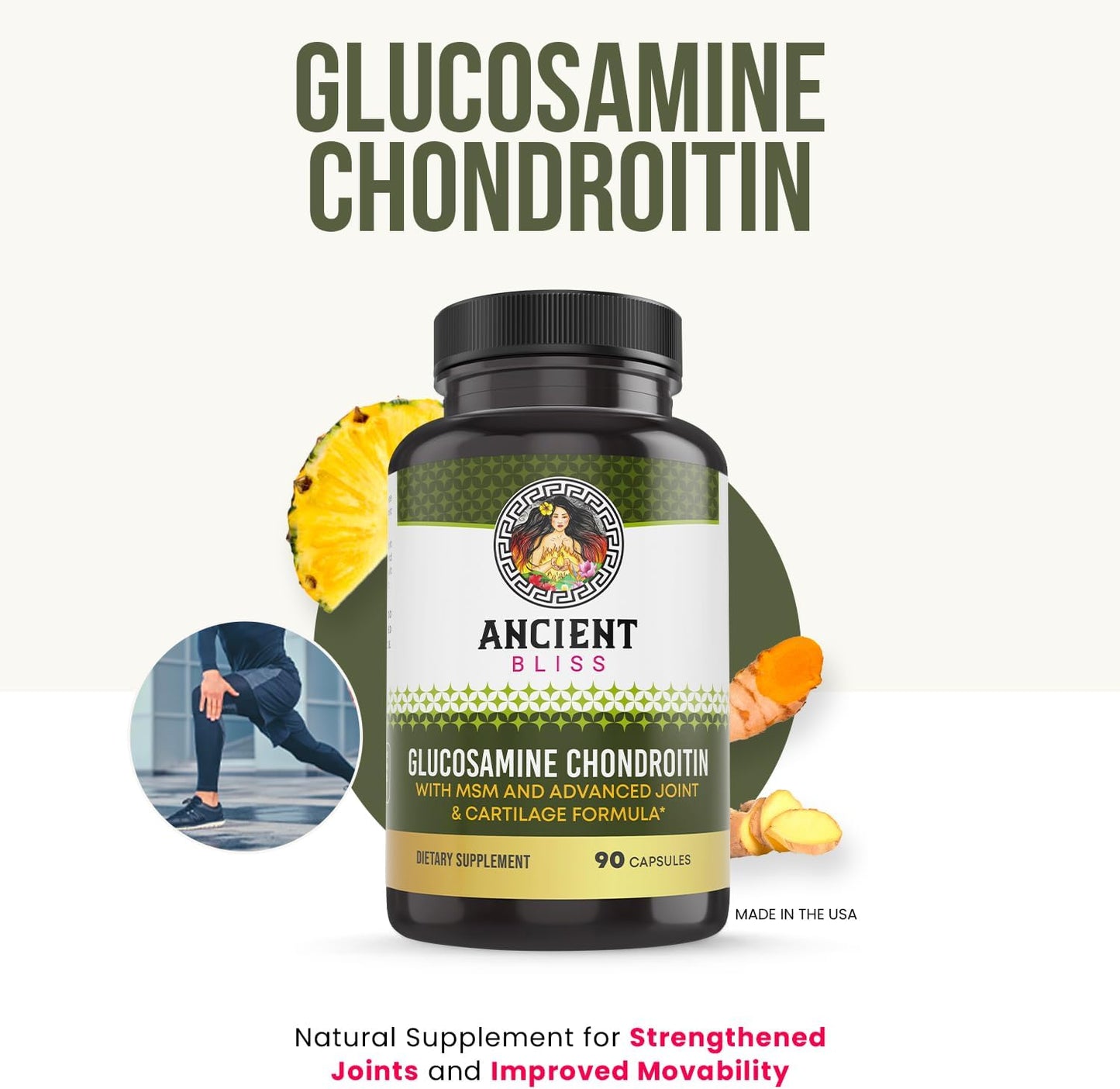 Ancient Bliss Joint Support Supplement with Glucosamine, Chondroitin, MSM - Mobility & Cartilage Formula for Men & Women (90 Capsules)