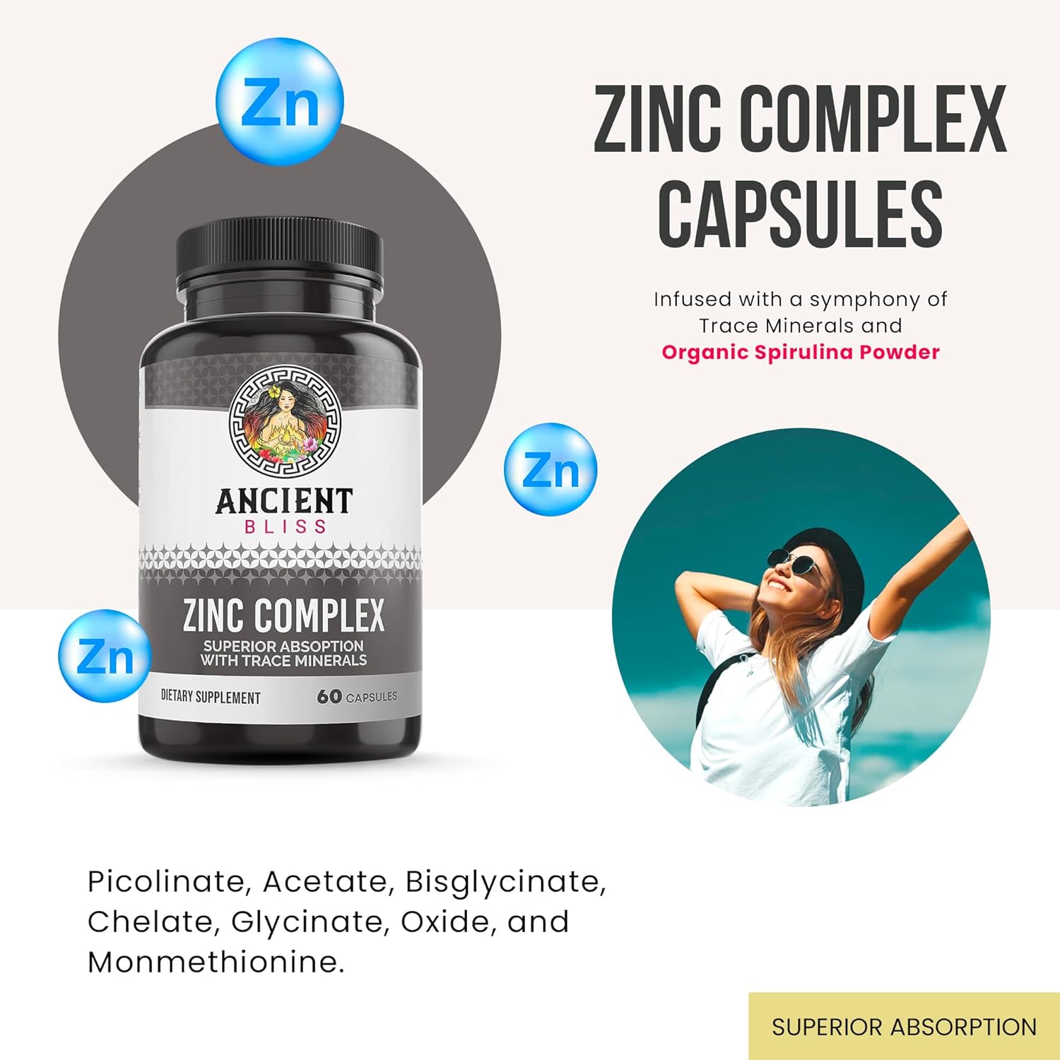 Ancient Bliss Zinc Complex Capsules: Enhanced Absorption, Antioxidant & Immune Support for Men & Women (60 Capsules)
