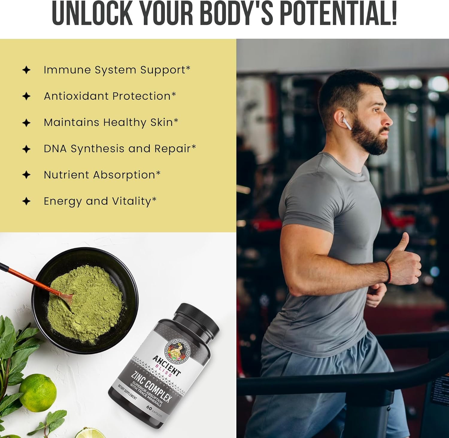 Ancient Bliss Zinc Complex Capsules: Enhanced Absorption, Antioxidant & Immune Support for Men & Women (60 Capsules)