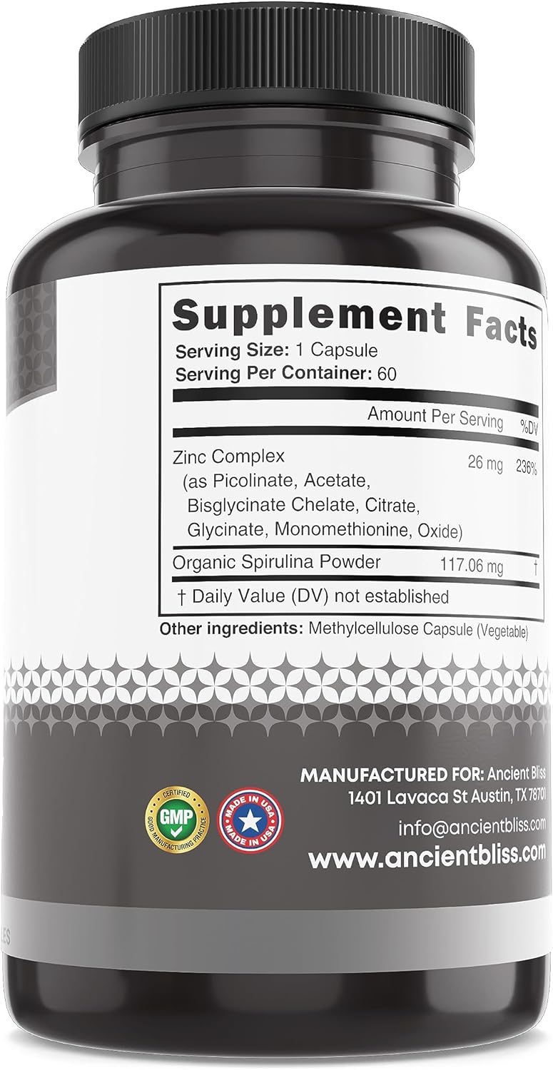 Ancient Bliss Zinc Complex Capsules: Enhanced Absorption, Antioxidant & Immune Support for Men & Women (60 Capsules)