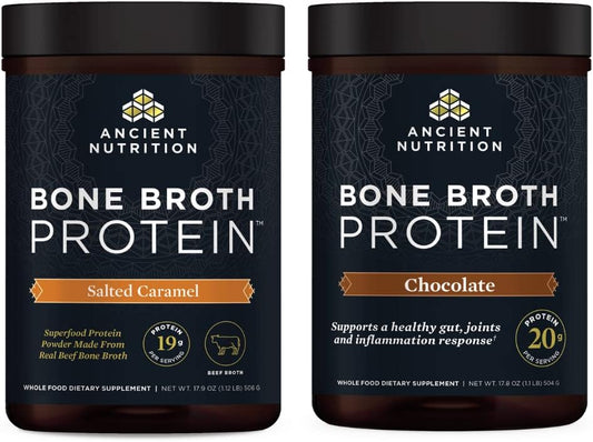 Ancient Nutrition Bone Broth Protein Powder Bundle - Salted Caramel & Chocolate Flavors, 40 Servings