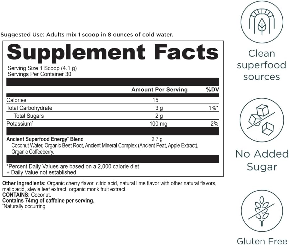 Ancient Nutrition Cherry Limeade Clean Energy Powder - Supports Healthy Energy, Cognitive Health, Mental Alertness, Focus - 30 Servings