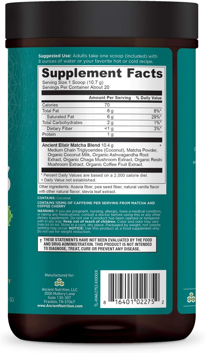 Ancient Nutrition Matcha Green Tea Powder with Ashwagandha - Superfood Energy Boost with MCTs, Paleo & Keto Friendly (20 Servings)